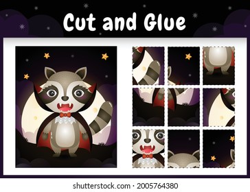 Children board game cut and glue with a cute raccoon using halloween dracula costume