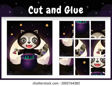 Children board game cut and glue with a cute raccoon using halloween costume