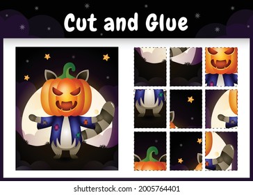 Children board game cut and glue with a cute raccoon using halloween costume