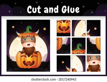 Children board game cut and glue with a cute buffalo in the halloween pumpkin