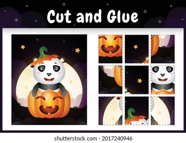 Children board game cut and glue with a cute panda in the halloween pumpkin
