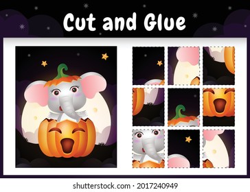 Children board game cut and glue with a cute elephant in the halloween pumpkin