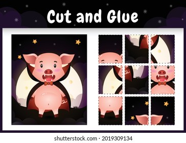 Children board game cut and glue with a cute pig using halloween dracula costume