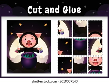Children board game cut and glue with a cute pig using halloween costume