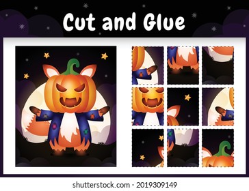 Children board game cut and glue with a cute fox using halloween costume