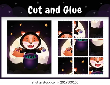 Children board game cut and glue with a cute fox using halloween costume