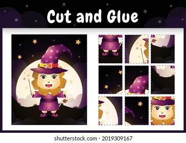 Children board game cut and glue with a cute lion using halloween costume