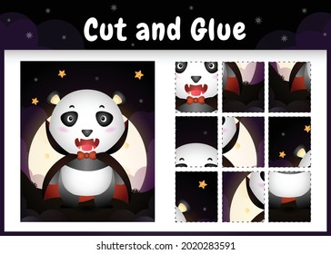Children board game cut and glue with a cute panda using halloween dracula costume