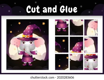 Children board game cut and glue with a cute elephant using halloween costume