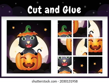 Children board game cut and glue with a cute black cat in the halloween pumpkin