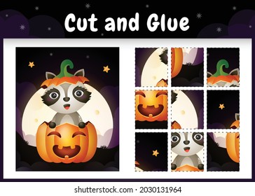 Children board game cut and glue with a cute raccoon in the halloween pumpkin