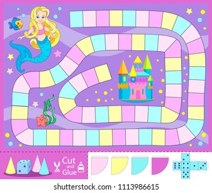 Children board game with mermaid go to castle. Kids funny entertainment and amusement. Activities game and activity page for book. Set a dice and chips. Vector illustration. 