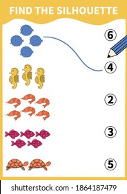 Children board game for preschoolers and primary school students.Page for kids educational book.Underwater life and marine animals.Vector illustration