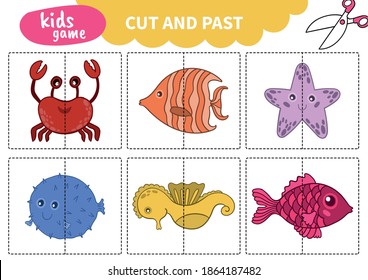 Children board game for preschoolers and primary school students.Page for kids educational book.Underwater life and marine animals.Vector illustration