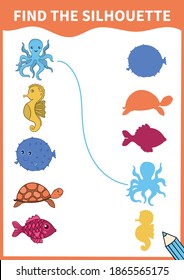 Children board game for preschoolers and primary school students.Page for kids educational book.Underwater life and marine animals.Vector illustration