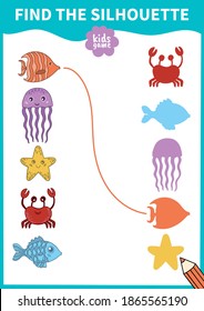 Children board game for preschoolers and primary school students.Page for kids educational book.Underwater life and marine animals.Vector illustration