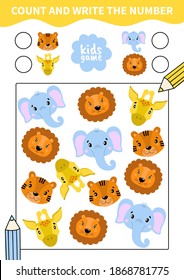 Children board game for preschoolers and primary school students worksheets.Page for kids educational book.Cute head portrait animal..Vector cartoon style.