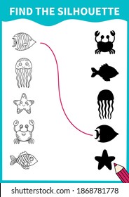 Children board game for preschoolers and primary school students.Page for kids educational book.Underwater life and marine animals.Vector cartoon style.