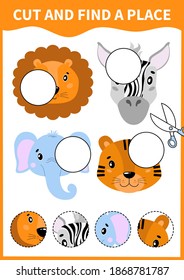 Children board game for preschoolers and primary school students worksheets.Page for kids educational book.Cute head portrait animal..Vector cartoon style.