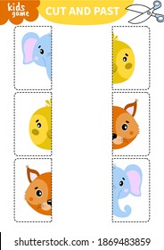 Children board game for preschoolers and primary school students worksheets.Page for kids educational book.Cute head portrait animal..Vector cartoon style.