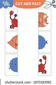 Children board game for preschoolers and primary school students.Page for kids educational book.Underwater life and marine animals.Vector illustration