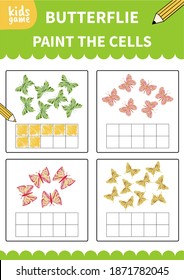 Children board game for preschoolers and primary school students worksheets,kindergarten.Page for kids educational book.Cute insrct butterfly.Vector cartoon style.