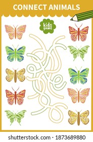 Children board game for preschoolers and primary school students worksheets,kindergarten.Page for kids educational book.Cute insrct butterfly.Vector cartoon style.