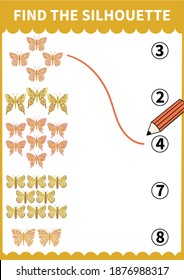 Children board game for preschoolers and primary school students worksheets,kindergarten.Page for kids educational book.Cute insrct butterfly.Vector cartoon style.