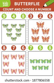 Children board game for preschoolers and primary school students worksheets,kindergarten.Page for kids educational book.Cute insrct butterfly.Vector cartoon style.
