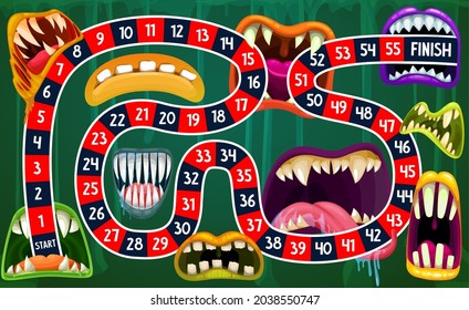 Children board game with vector path through Halloween monster mouths. Start to finish boardgame or dice puzzle, kids activity with screaming vampires and alien mutants, sharp teeth, fangs and saliva