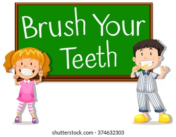 Children and board saying brush your teeth illustration