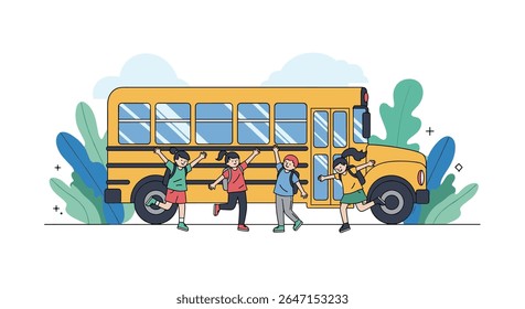 Children Boarding a Yellow School Bus Illustration