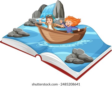 Children in a boat on a book