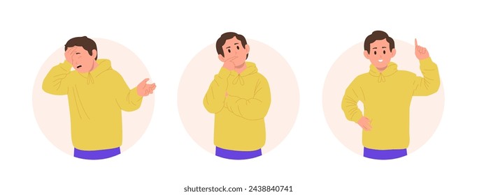 Children body language round composition set with male kid characters feeling different emotion