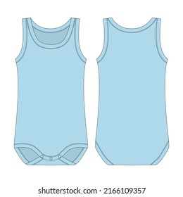 Children bodysuit. Baby sleeveless body. Light blue color. Infant tank top technical sketch. Underwear outline. Back and front view. Front and back view. CAD fashion design. Vector illustration