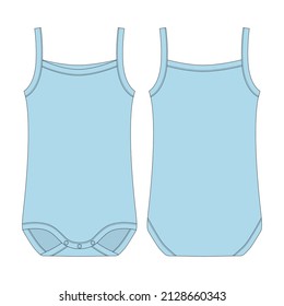 Children bodysuit. Baby sleeveless tank top body technical sketch. Blue color. Infant underwear outline. Front and back view. CAD fashion design. Vector illustration