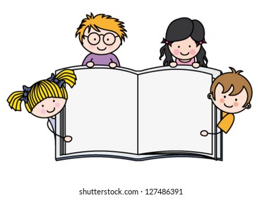 Children with a book with blank pages to write or photo