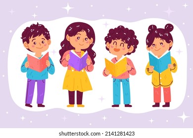 Children Book Club Cute Flat Illustration Happy Children Reading Kids Learning And Having Fun