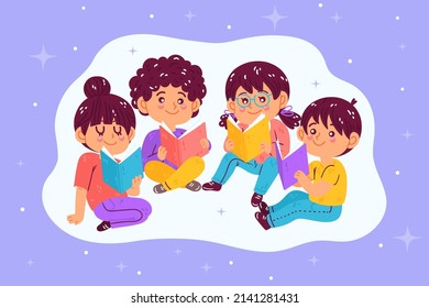 Children Book Club Cute Flat Illustration Happy Children Reading Kids Learning And Having Fun