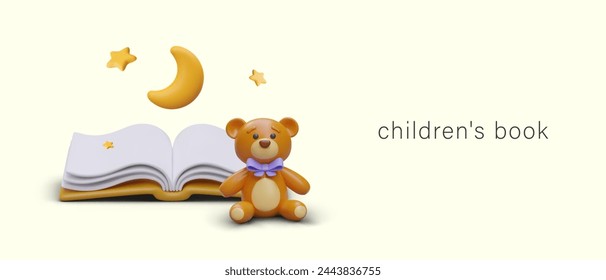 Children book concept. Realistic teddy bear is sitting next to open book