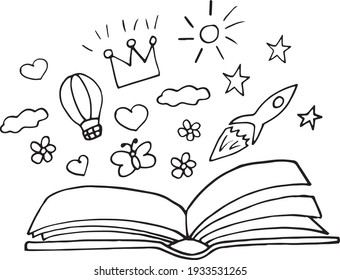 children book day template card, poster, flyer, banner. open book, rocket, balloon, crown, heart, sun, stars. fantasy, fairy tale imagination sketch hand drawn doodle style vector minimalism monochrom