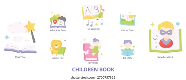 Libro de niños Web de Anuncio plano Icon Set Ilustración vectorial