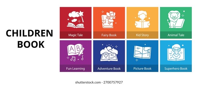 Children Book Glyph Solid Banner Web Icon Set Vector Illustration