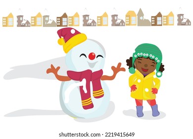 Children book illustrations. Children book week. Color books for toddlers and preschoolers. Isolated elements and whimsical illustrations. Winter season, Cute laughing girl snow man and trees. Snow