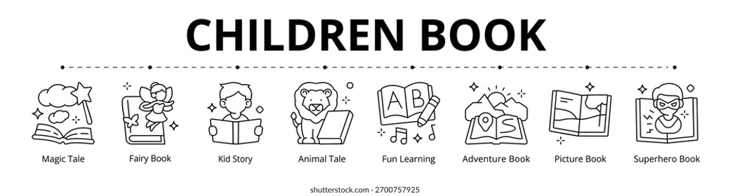 Children Book Line Banner Web Icon Set Vector Illustration