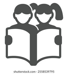Children with book solid icon, children book holiday concept. Vector graphics. Kids and opened textbook sign on white background, glyph style icon for mobile or web design
