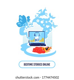 Los niños escriben imágenes vectoriales de concepto plana de streaming. Historias en línea sobre la cama. Caricatura 2D infantil durmiente para diseño web. Contar historias en línea con una idea creativa de audiobook