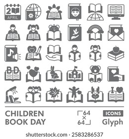 Children book symbols collection or sketches. child book day theme icons in glyph style signs for web and app. Vector graphics isolated on white background