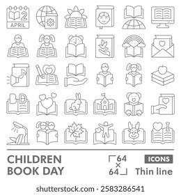 Children book symbols collection or sketches. child book day theme icons in thin line style signs for web and app. Vector graphics isolated on white background