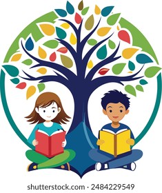  niños con un libro bajo la Ilustración vectorial del árbol